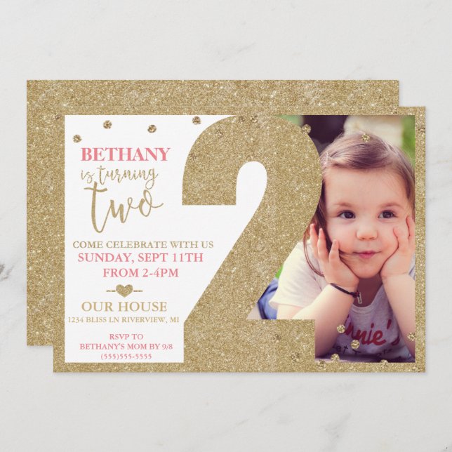 Second Birthday Gold Glitter & Pink Invitation (Front/Back)