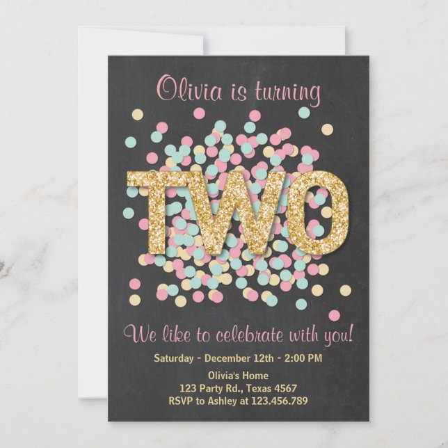 Second Birthday Invitation Girl Pink Gold Mint Two (Front)