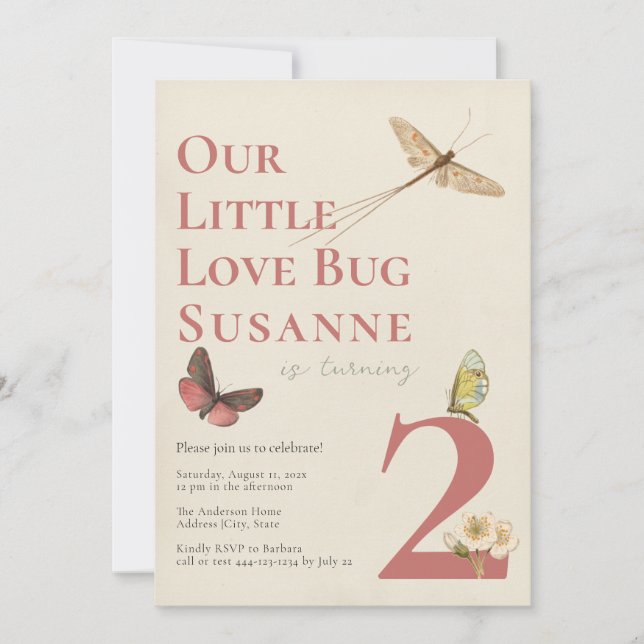 Second Birthday Love Bug Baby Girl Invitation (Front)