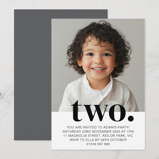 Second Birthday Photo Invitation in Grey (Front/Back)
