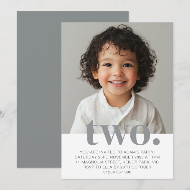 Second Birthday Photo Invitation in Grey (Front/Back)