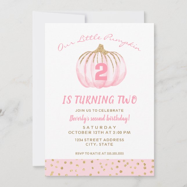 Second Birthday Pink Little Pumpkin is Turning Two Invitation (Front)