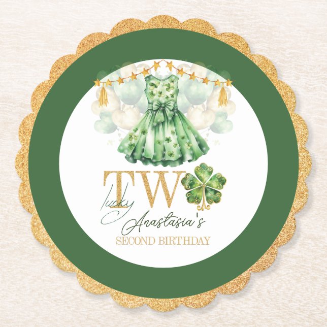 Second Birthday St Patrick's Day Personalized Paper Coaster (Front)
