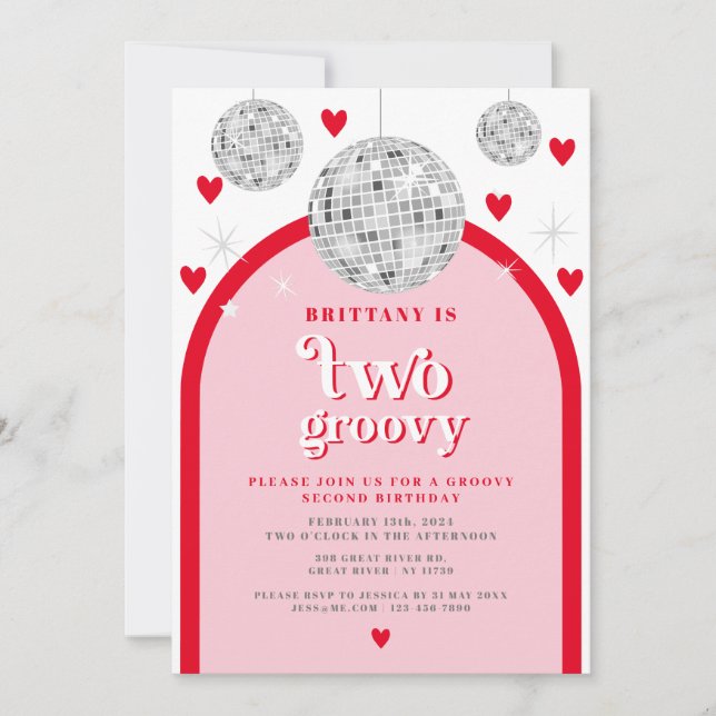 Second Birthday Valentines Heart Retro Disco arch  Invitation (Front)