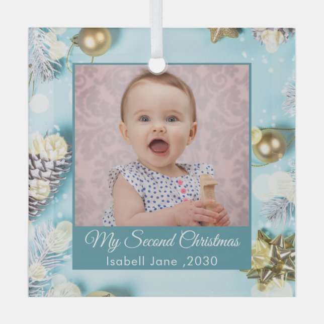 Second Christmas Custom Family Photo Text blue Glass Ornament (Front)
