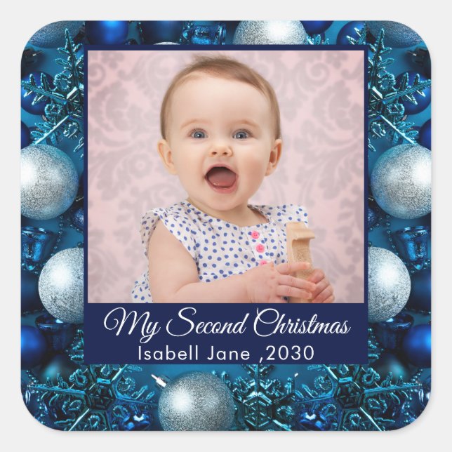 Second Christmas Custom Family Photo Text blue Square Sticker (Front)