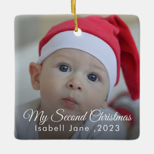 Second Christmas Custom Family Photo Text Template Ceramic Ornament (Front)