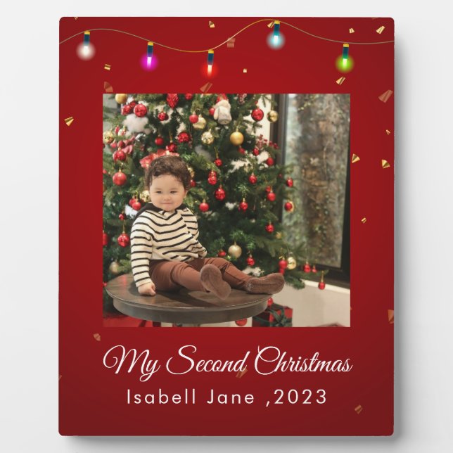 Second Christmas Custom Family Photo Text Template Plaque (Front)
