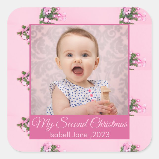 Second Christmas Custom Family Photo Text Template Square Sticker (Front)