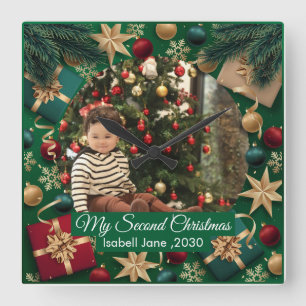 Second Christmas Custom Family Photo Text Template Square Wall Clock