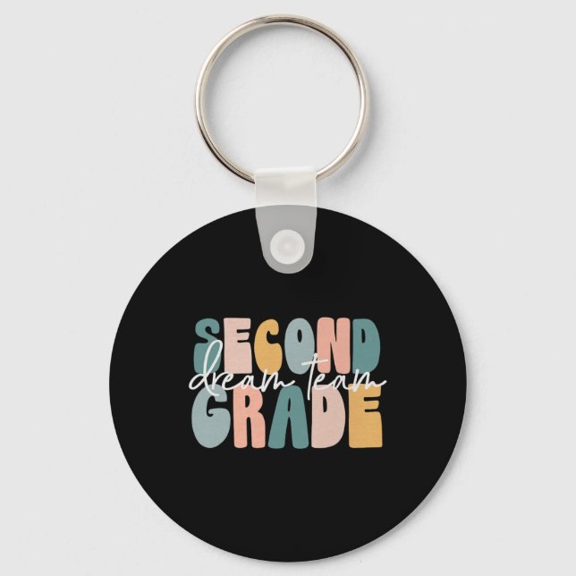 Second Grade Dream Team Retro Groovy Teacher Boys  Keychain (Front)