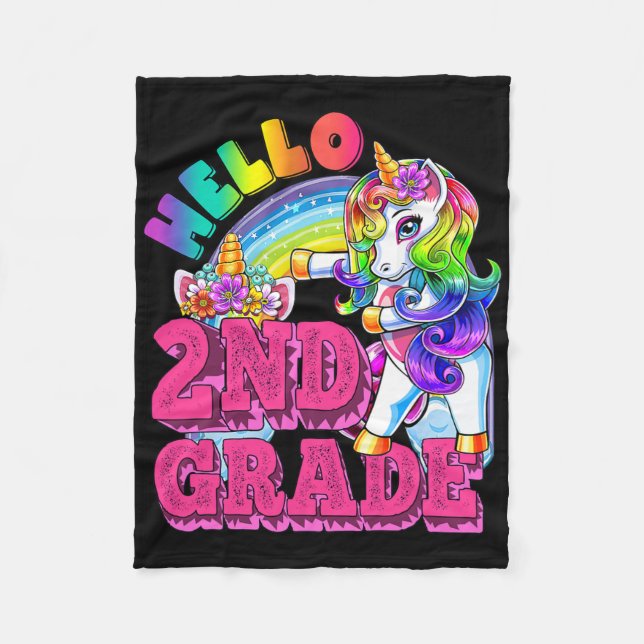 Second Grade Flossing Unicorn Kids Hello 2nd Grade Fleece Blanket (Front)