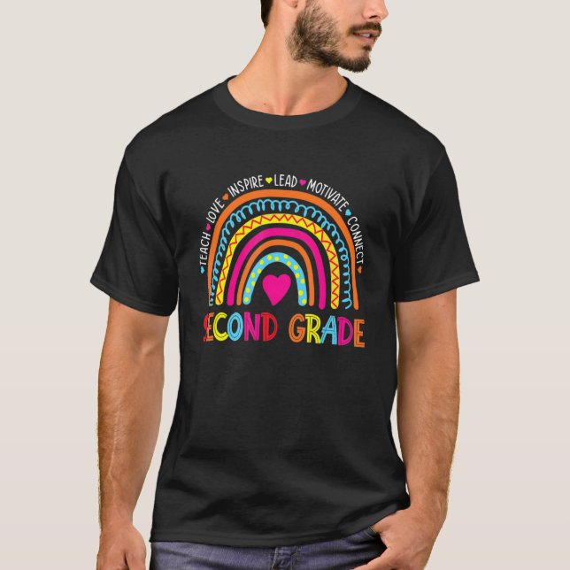 Second Grade Teach Love Inspire Boho Rainbow Teach T-Shirt (Front)