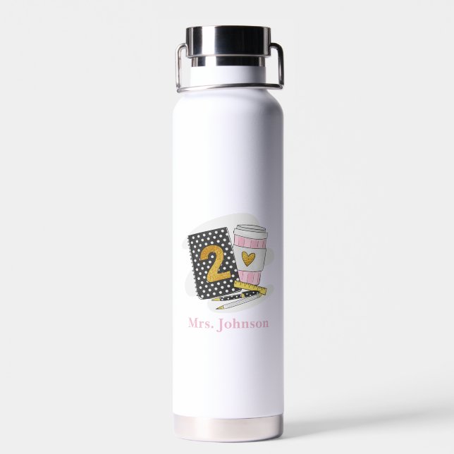 Second Grade Teacher Black Preppy Notebook Coffee Water Bottle (Back)