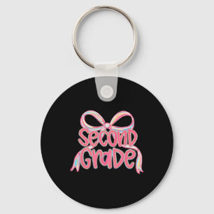 Second Grade Teacher Girly Pink Coquette Bow Back Keychain