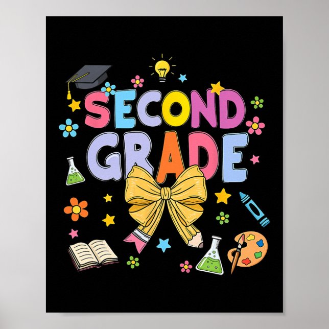 Second Grade Teacher Kids Coquette Bow Pencil Back Poster (Front)