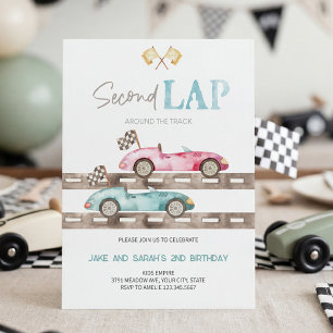 Second Lap Race Car Twins Birthday Invitation 