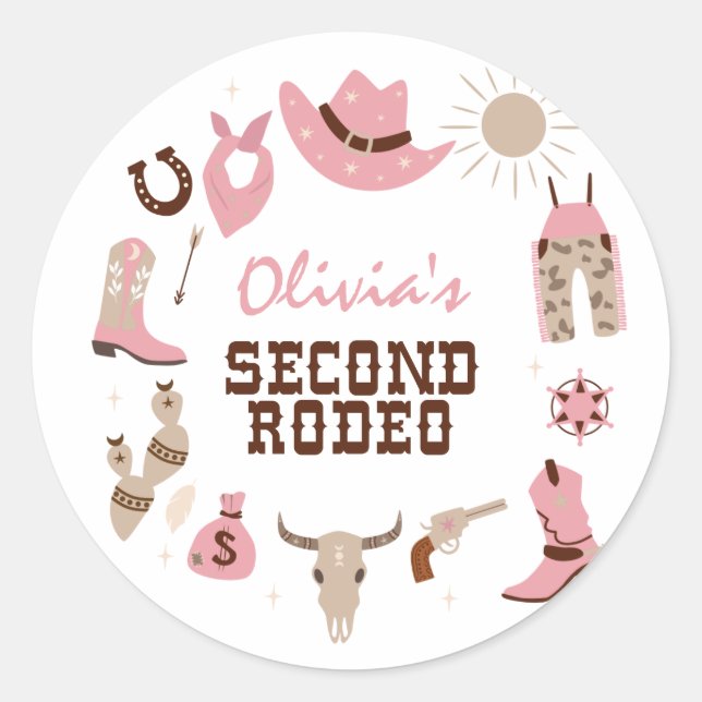 Second Rodeo Pink Western Cowboy 2nd Birthday Classic Round Sticker (Front)
