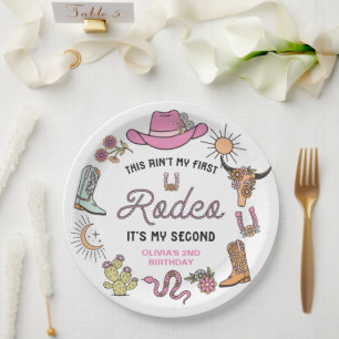 Second Rodeo Pink Western Cowboy 2nd Birthday Paper Plate