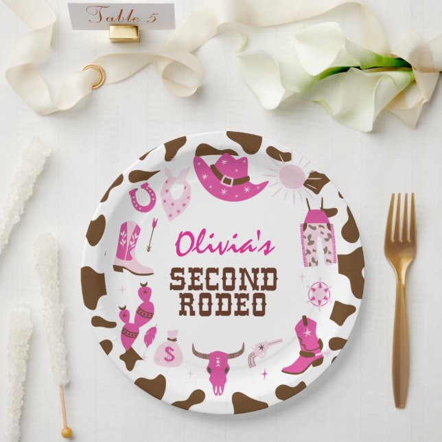 Second Rodeo Pink Western Cowboy 2nd Birthday Paper Plate (Wedding)