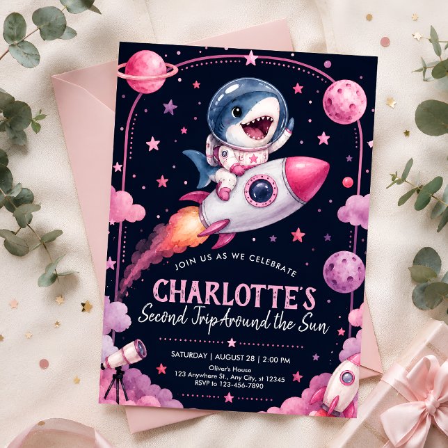Second Trip Around the Sun Girl Rocket Party Invitation (Creator Uploaded)