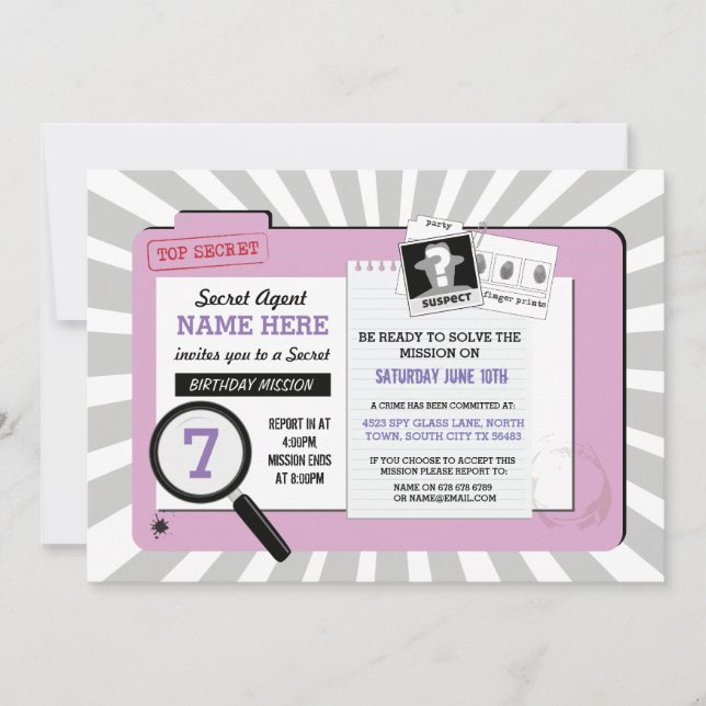 Secret Agent Birthday PinkDetective Mission Invite (Front)