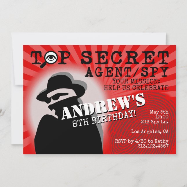 Secret Agent Spy Birthday Party Invitation (Front)