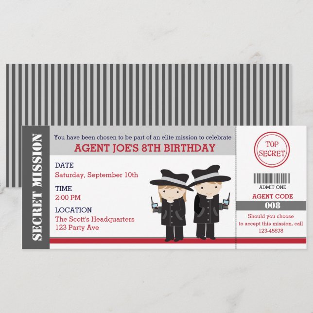 Secret Agent / Spy Ticket Birthday Invitations (Front/Back)