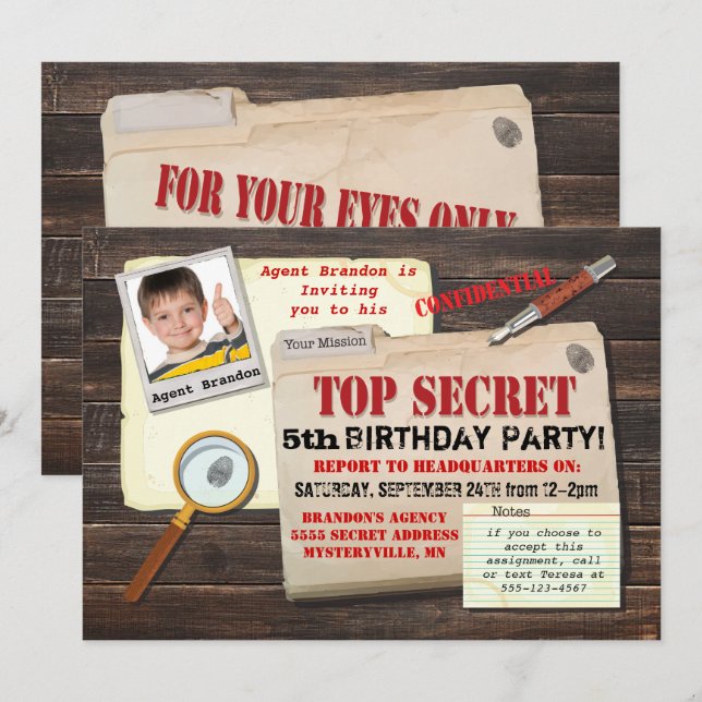 Secret Agent Spy Top Secret Invitation de fête d'a (Devant / Derrière)