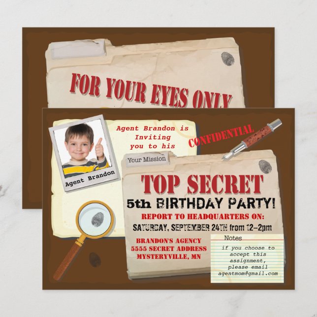Secret Agent Spy Top Secret Invitation de fête d'a (Devant / Derrière)