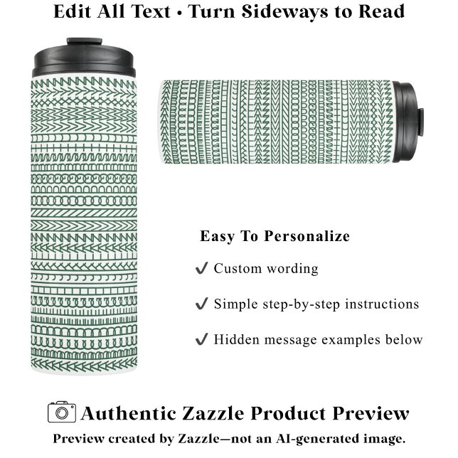 Secret Alphabet Pattern, Personalized Text Green Thermal Tumbler (Creator Uploaded)