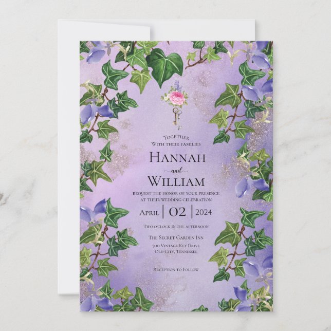 Secret Garden Lilac et Vins Faire-part de mariage (Devant)