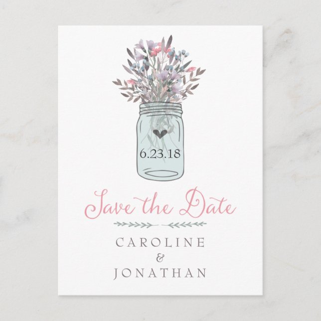 Secret Garden Mason Jar Save The Date Postcard (Front)
