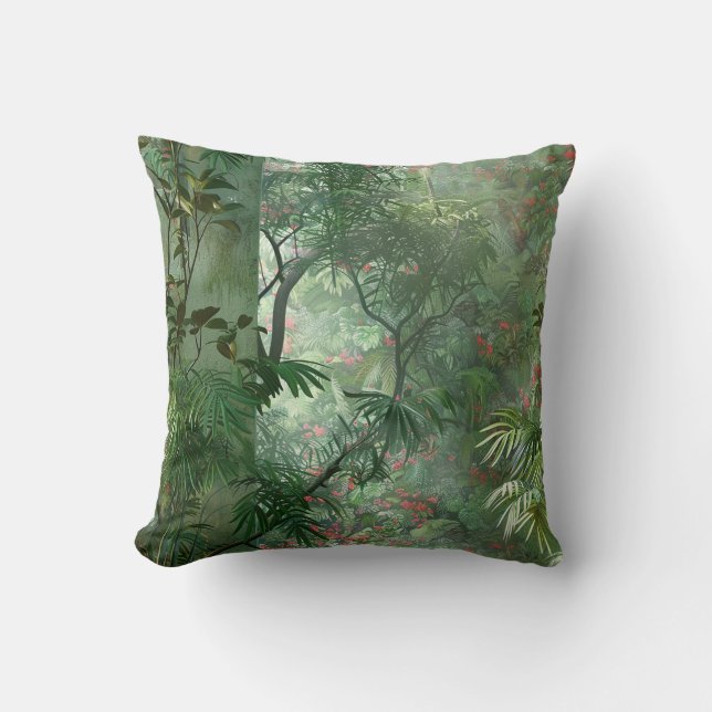 Secret garden mysterious jungle flowers and trees throw pillow (Front)