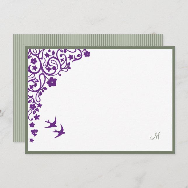 Secret Garden Sage Stripe Script Monogram Note Card (Front/Back)