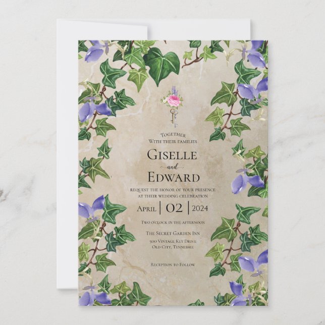 Secret Garden Wall with Vintage Key Wedding Invitation (Front)