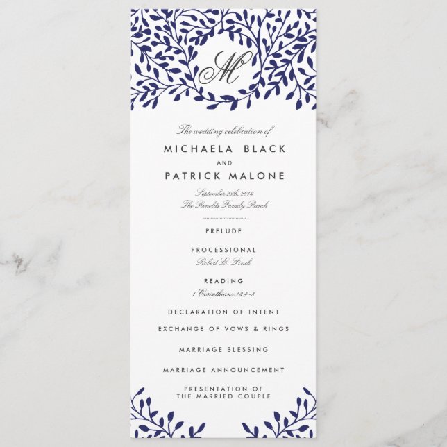 Secret Garden Wedding Programmes - Marine (Devant)