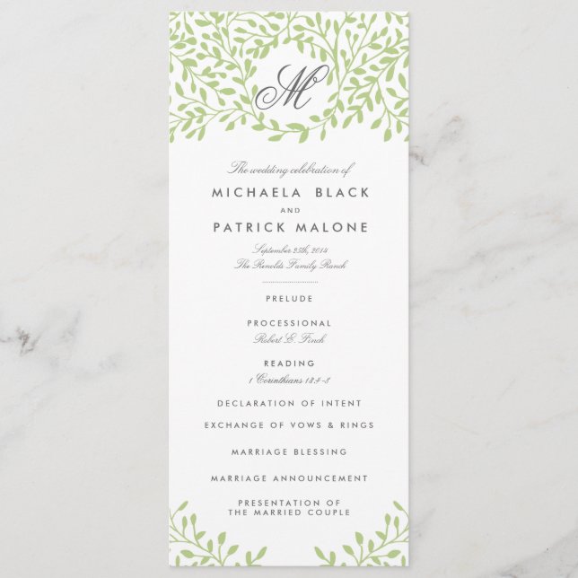 Secret Garden Wedding Programmes - Vert (Devant)