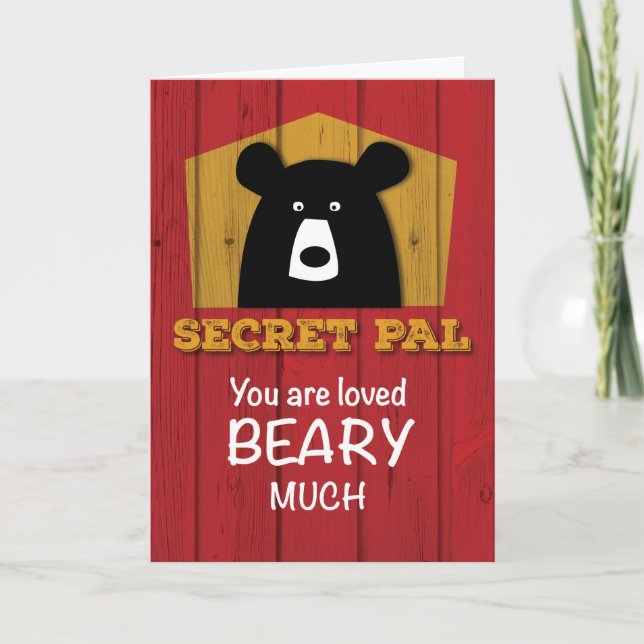 Secret Pal, Valentine Bear Wishes on Red Wood Holiday Card (Front)