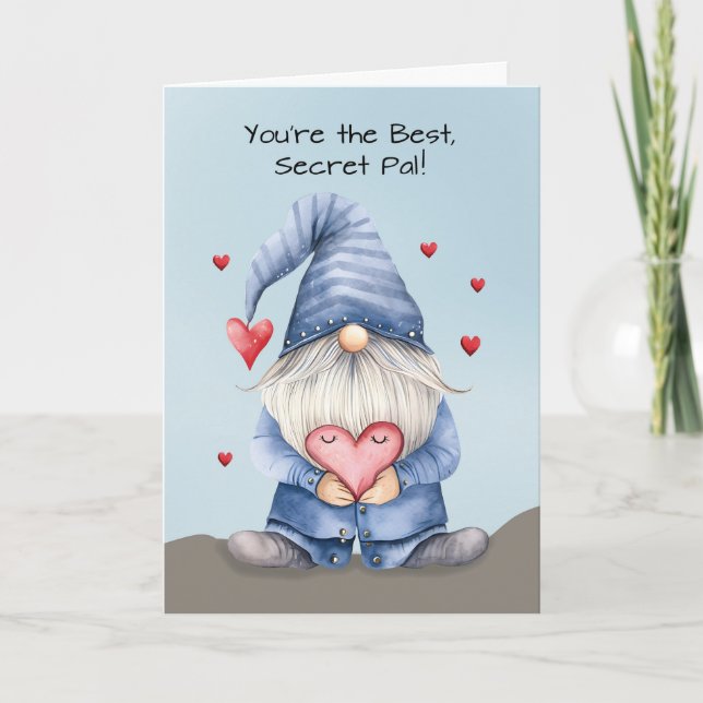 Secret Pal Valentine Funny Gnome Wearing Denim Card (Front)