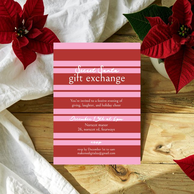 Secret Santa Cabana Pink and red Stripe Preppy Invitation (Creator Uploaded)