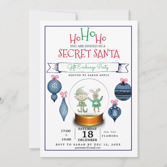 secret Santa christmas blue gift exchange invite (Front)