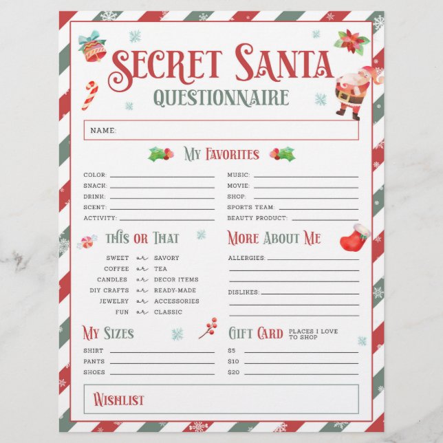 Secret Santa Christmas Gift Exchange Questionnaire Flyer (Front)