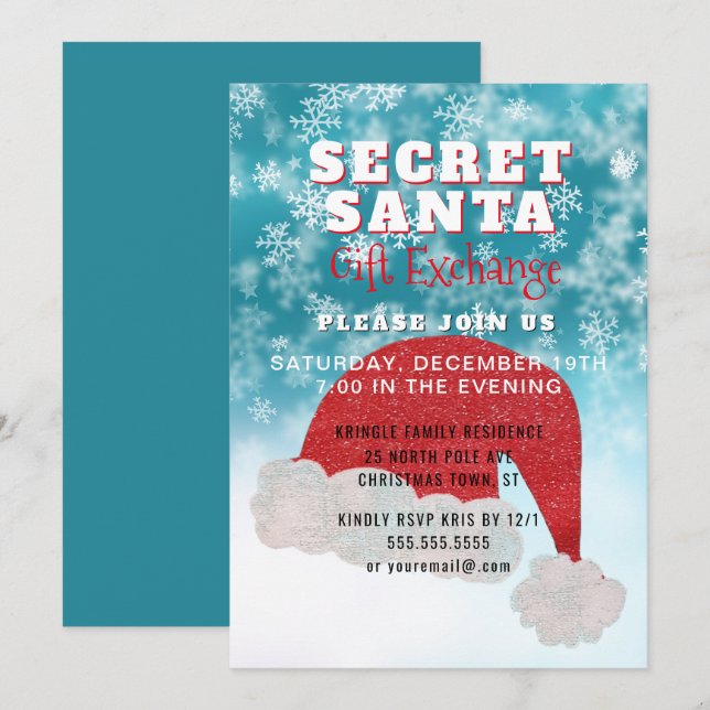 Secret Santa Gift Exchange Party Blue Invitation (Front/Back)