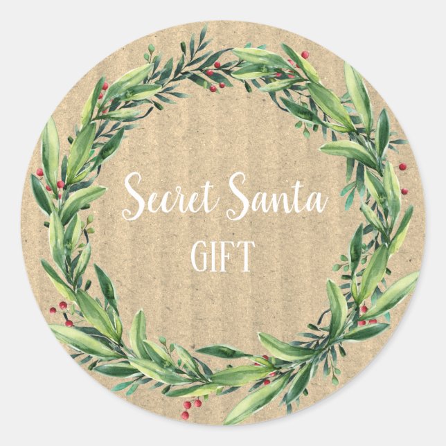 Secret Santa Gift Floral Wreath Funny Classic Round Sticker (Front)