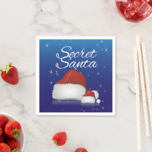 Secret Santa Hat Blue Background Christmas Party Napkin