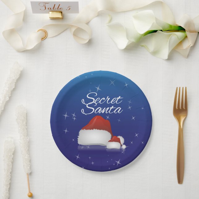 Secret Santa Hat Blue Background Christmas Party Paper Plate (Wedding)