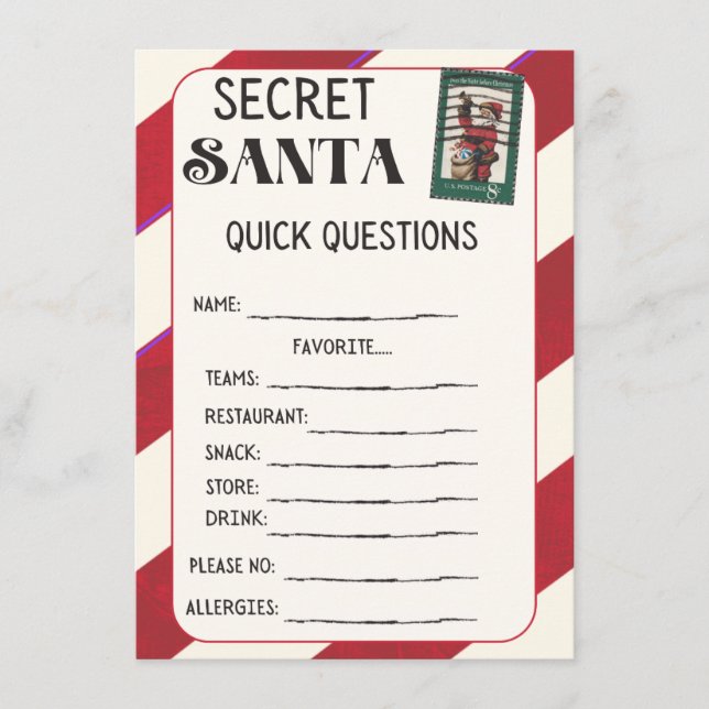 Secret Santa Questionnaire Cards (Front)