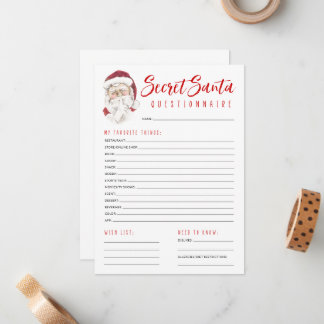 Secret Santa Questionnaire Gift Exchange Party Card
