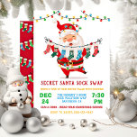 Secret Santa Sock Swap Exchange Party Invitation<br><div class="desc">Come celebrate Christmas with this funny Santa holding a clothesline of christmas holiday socks. Features a cute santa wrapped in christmas lights and lots of socks! Perfect for your secret santa sock exchange party. All wording can be changed. To make more changes go to Personalize this template. On the bottom...</div>